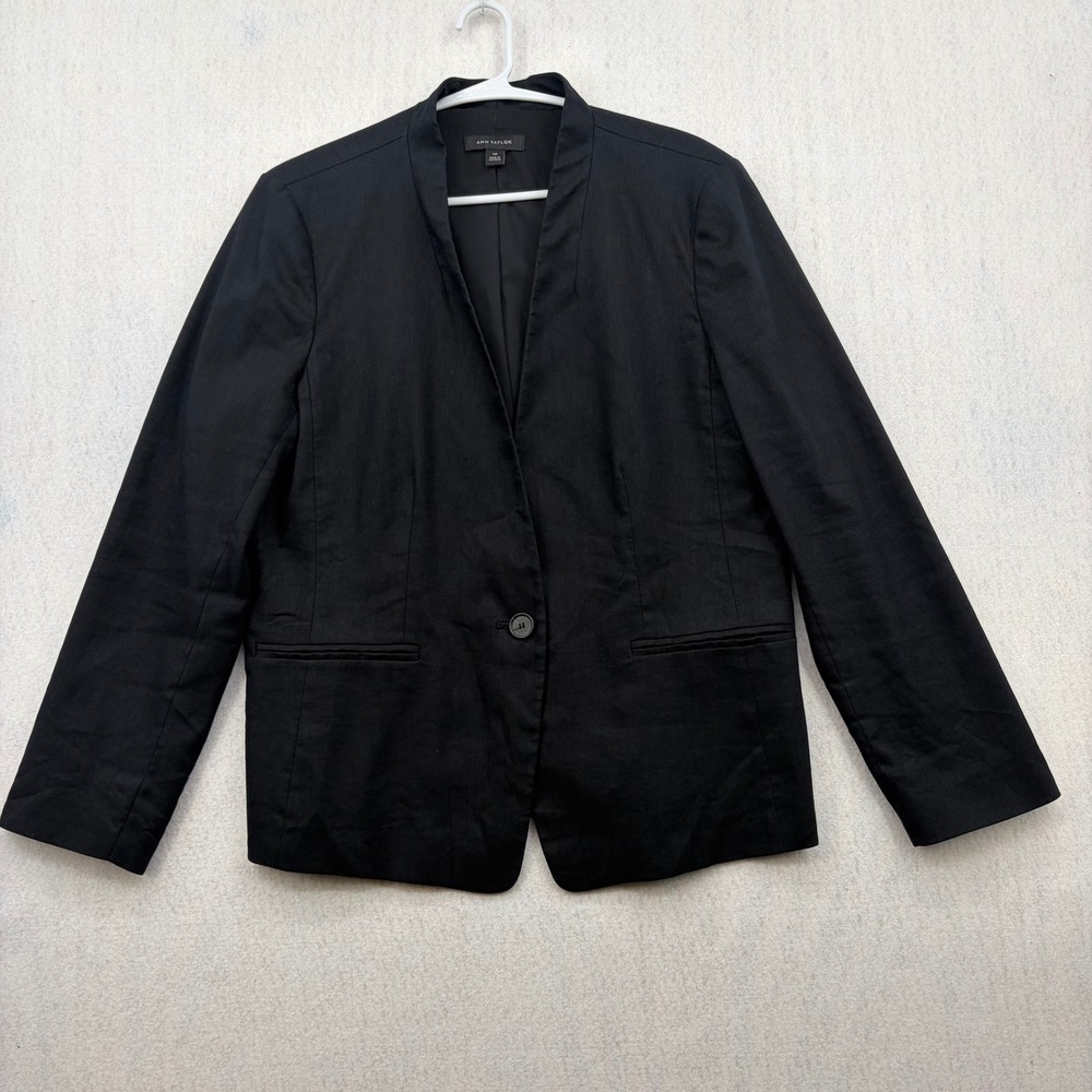 Ann Taylor Womens Black Linen Blend Collarless Single Button Blazer Jacket 14P